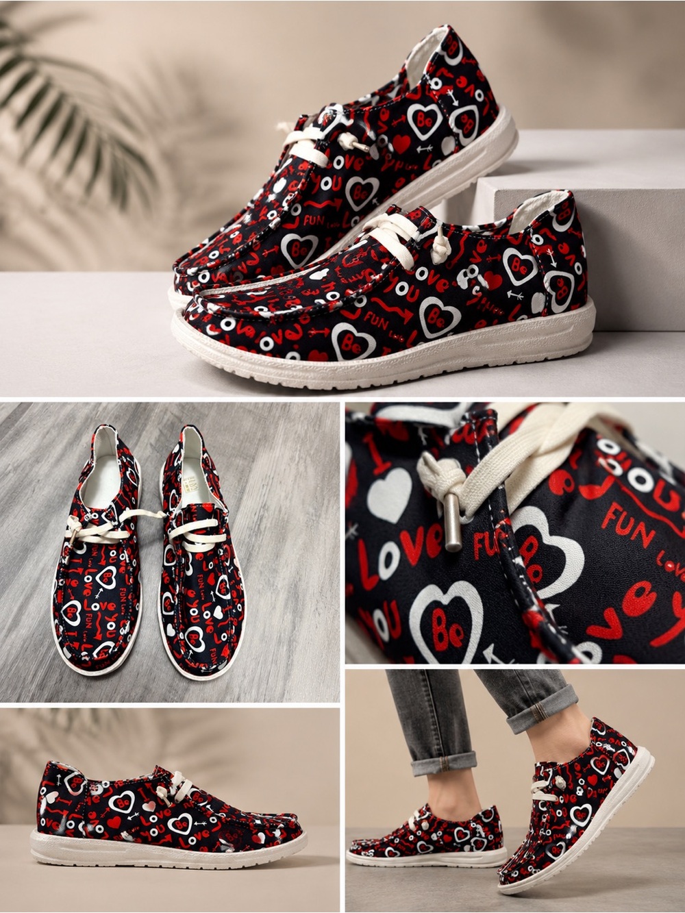Heart-Print Canvas Sneakers - Black/Red
